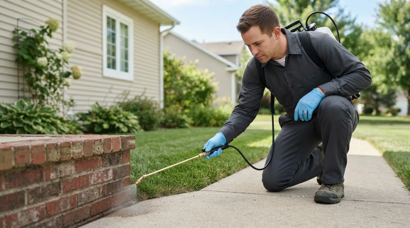 Pest control technician treating a home near Meally, KY