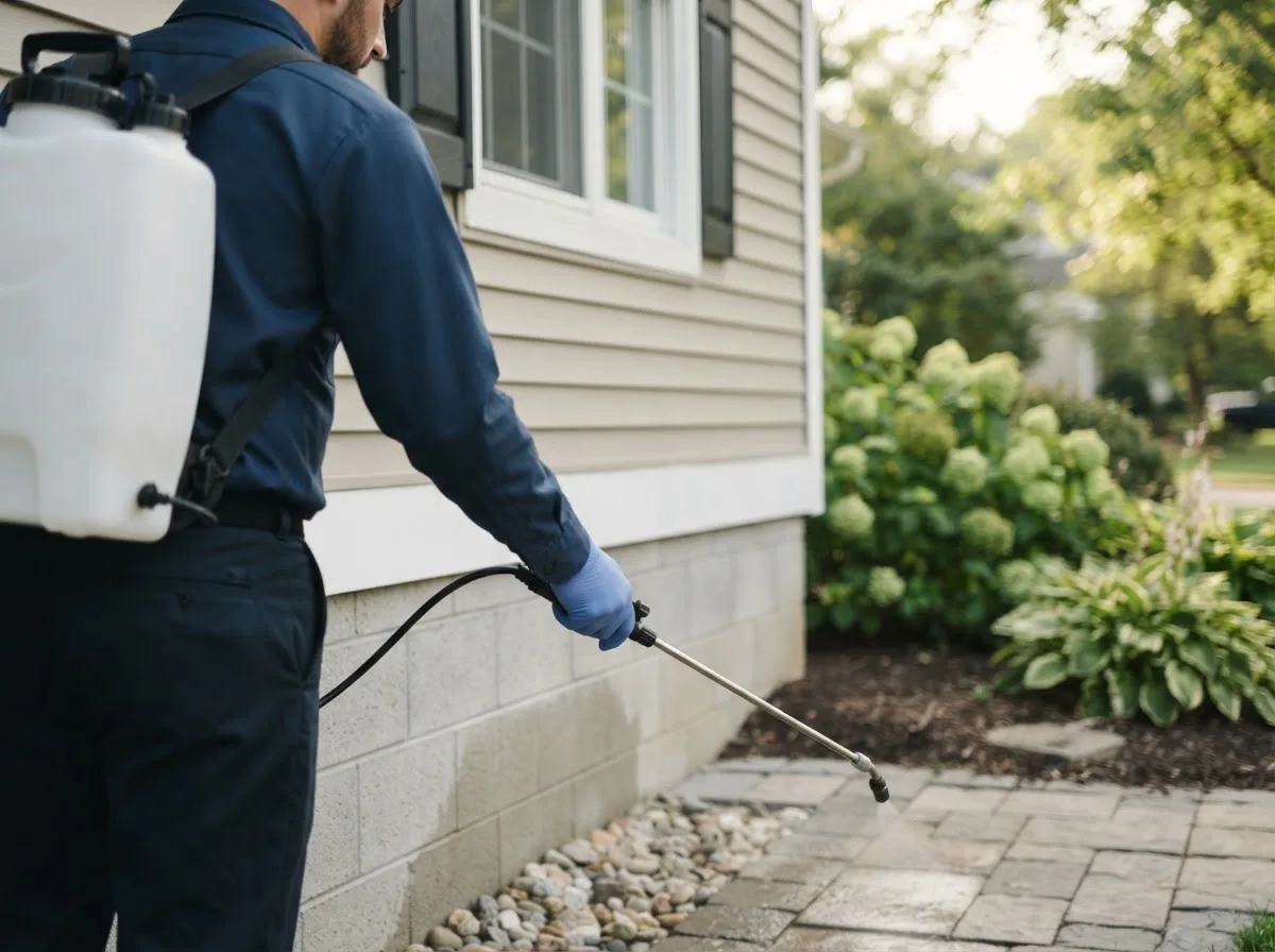Pest control technician inspecting a home in Meally, KY